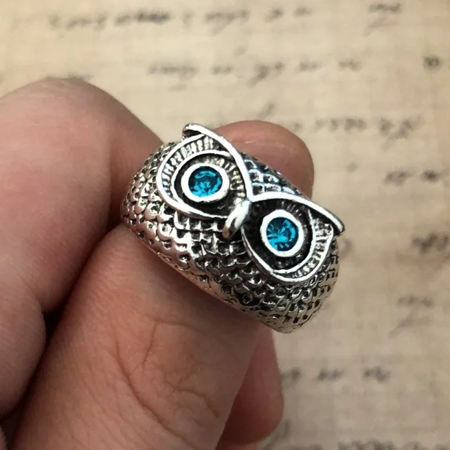 S925 Plain silver retro Blue glasses Owl accessory Ring for men and women designed owl rings