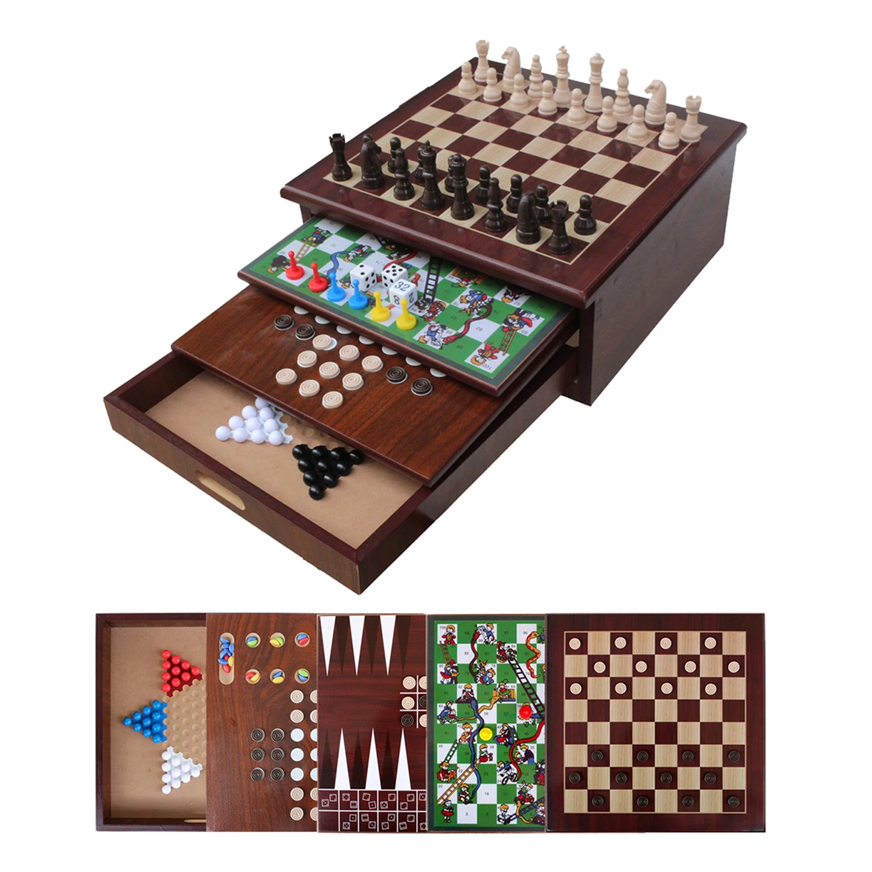 Multi-function Wooden 15 in 1 or 10 in 1 games set chess backgammon ludo checker sanke ladder mancala
