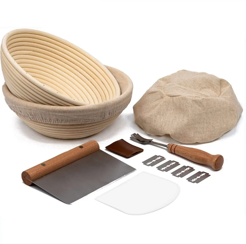 Huangtu Bread Banneton Proofing Basket Set 9 Inch Round Natural Rattan Banneton with Scraper Bread Lame Cloth Liner