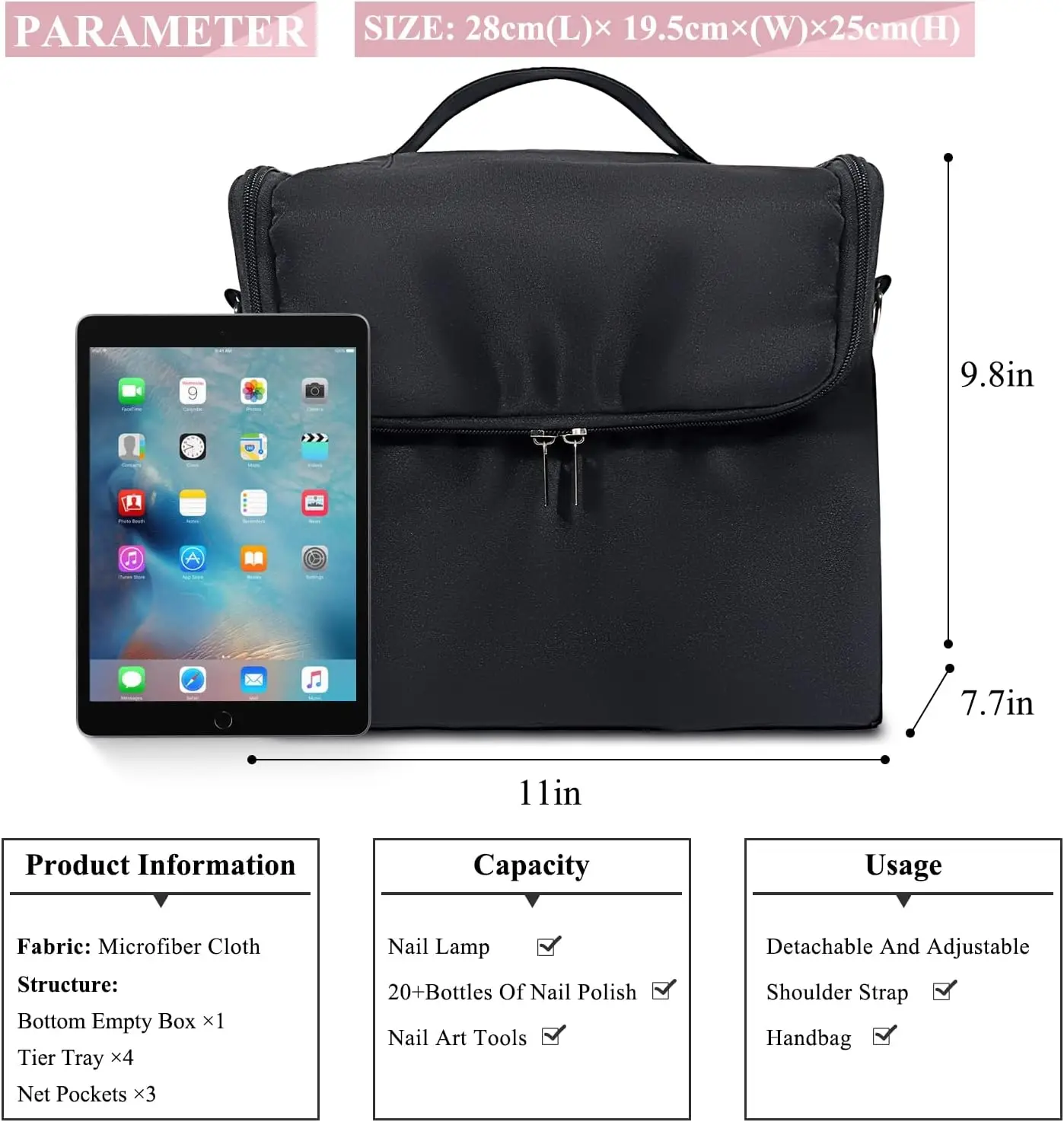 Professional Makeup Bag Beauty Nail Kit Storage Bag Portable Makeup Case Large Capacity Travel Suitcase Makeup Solid Zipper 1kg