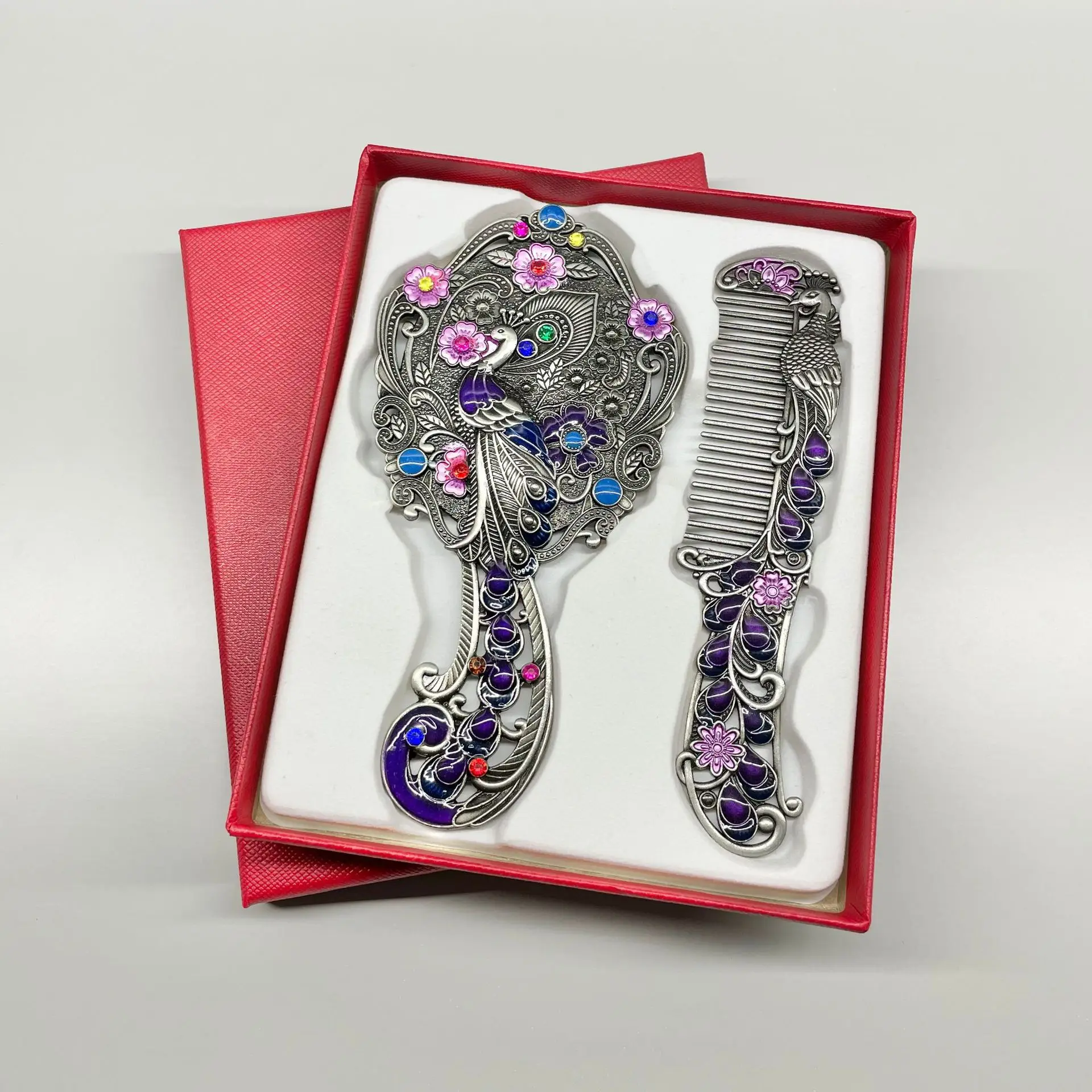 Creative Vintage Peacock Metal  Mirror Zinc Alloy Rhinestone Decoration Mirror Comb Set