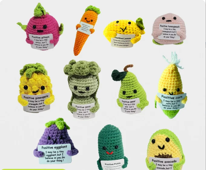 Funny Positive Potato Cute Wool Knitting Doll Creative Knitted Cat Tomato Lemon Corn Wool Crochet Dolls Gift with Positive Card