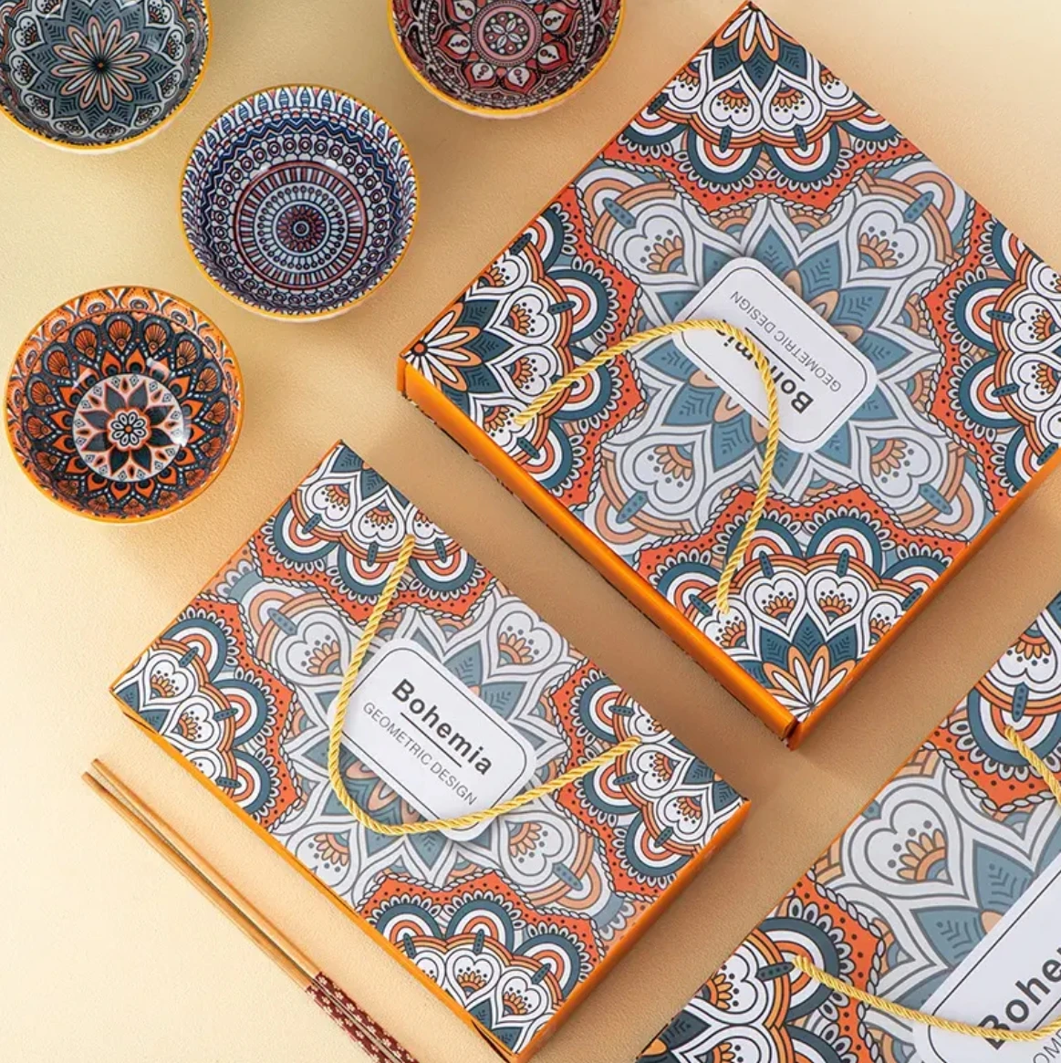 Bohemian Ceramic Gift Box Colorful Printed Under Glazed Gift Set Kitchen Rice Salad Bowl  Serving Ceramic Bohemia Bowls Set