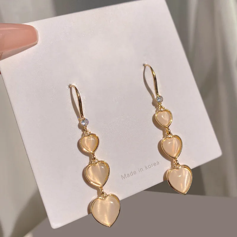 Fashion Long Opal Heart Tassel French Earrings for Women Luxury Long Tassel Dangle Earring Wedding Party Luxury Jewelry Gift