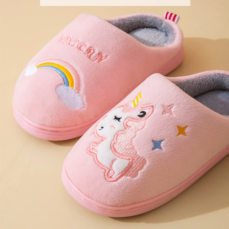 Factory Cartoon Boys Girls Indoor Outdoor Lucky Unicorn Pattern Non-slip Plush Fur Animal Winter Warm Kids Slippers