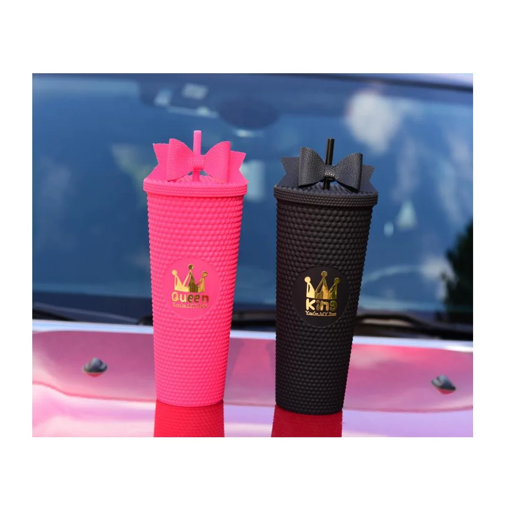 
grid studded reusable plastic cup double wall matte gold plastic bulk studded tumbler grid pineapple cup with bow straw 