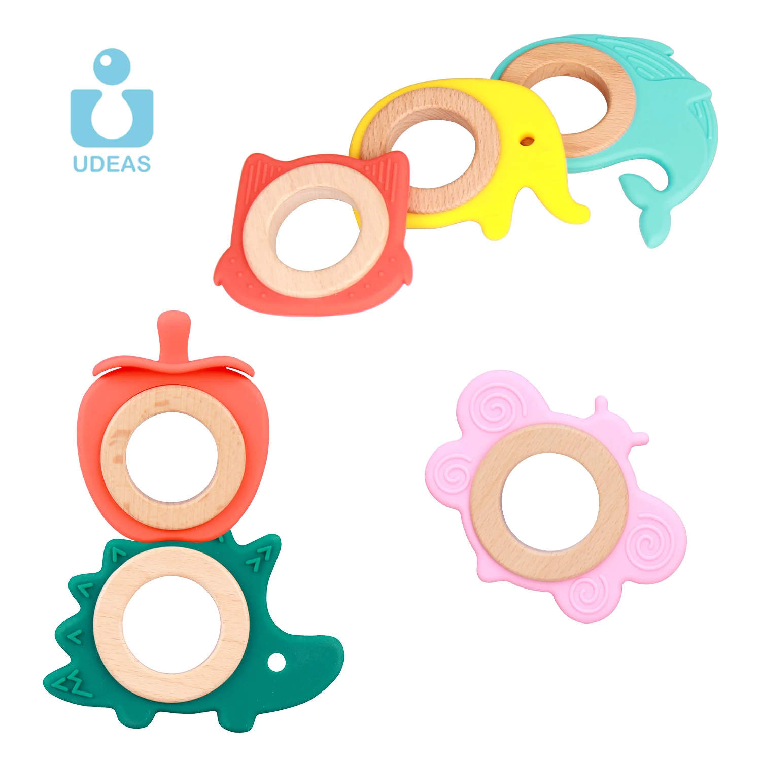 Food grade silicone rattle teether animal fruit round bracelet baby teething toys natural beechwood wooden silicone baby teether