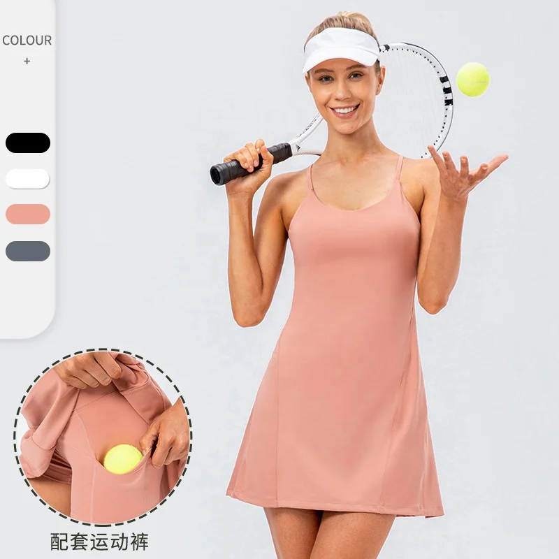 Nude strap yoga tennis skirt stretch quick drying golf sport skirt pocket anti-wear fitness two piece set