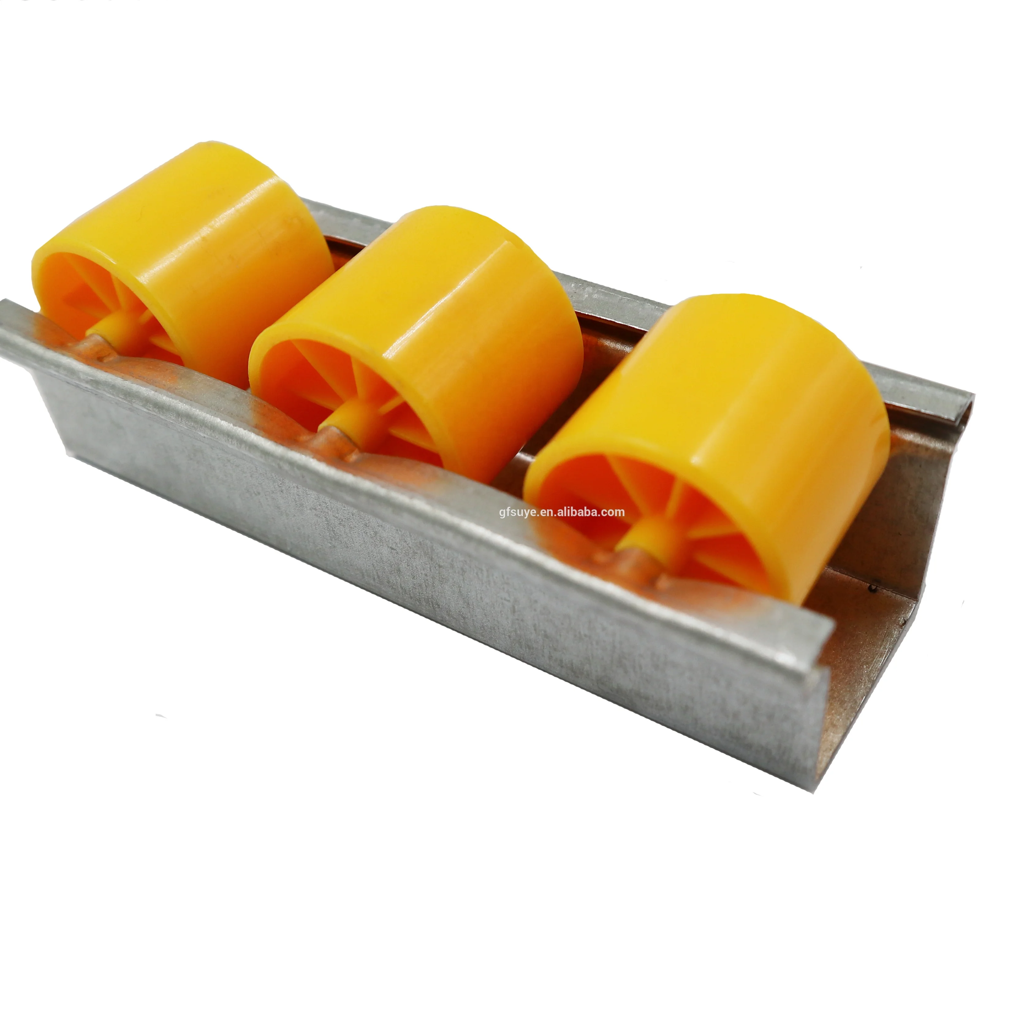 Gravity flow rail/roller track guide rollers for pipe rack system