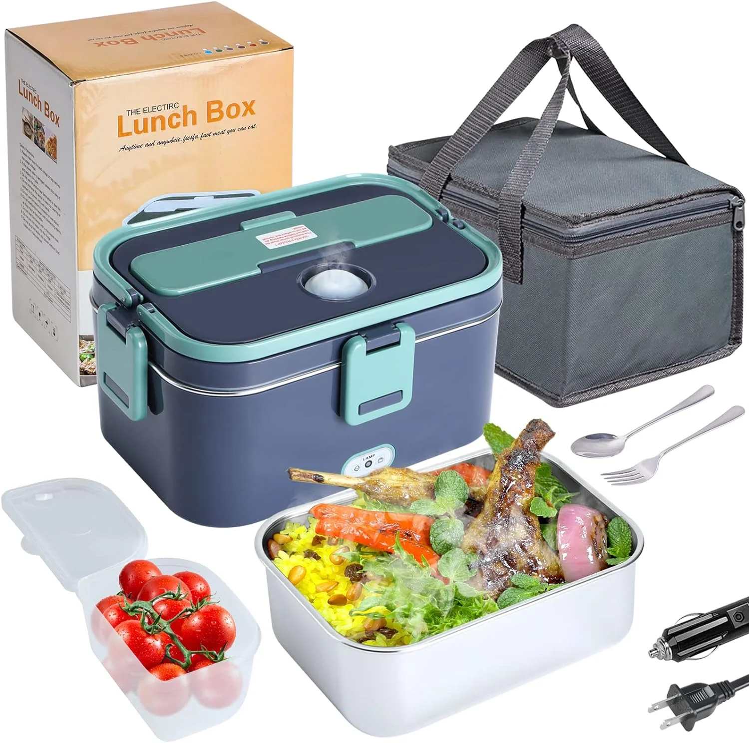 Electric Lunch Box 60W 12V 24V 110V Food Heated  1.8L Capacity Portable FoodJar for Car/Truck/Home Self Heating Box with 1.8L