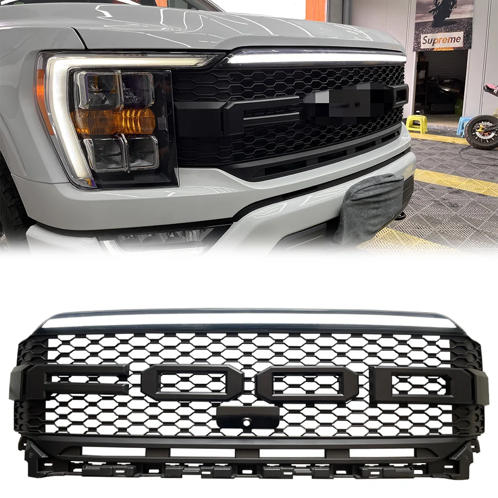 Spedking 4x4 Accessories 2021 Pickup Truck Parts accessories Matte black Front Car Grill with flow LED light For Ford F150