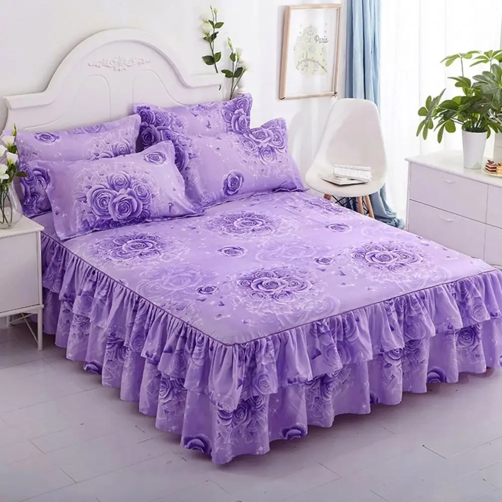Bed Skirts Set Double Layer Bedspread Floral Printed Bed sheet Bilateral Bed Skirt + 1 Pair Of Pillowcase bedsheets
