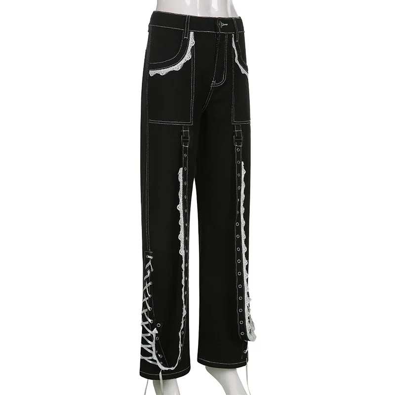 Blue Team custom Loose and straight jeans Similar lace perforated design strappy Special design jeans for women