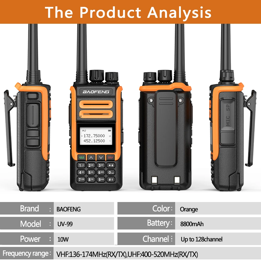 Baofeng UV-99 Walkie Talkie 10W High Power 8800mAh Ham Radios Dual Band UHF VHF Radios Transmitter UV-9R Plus Two Way Radio