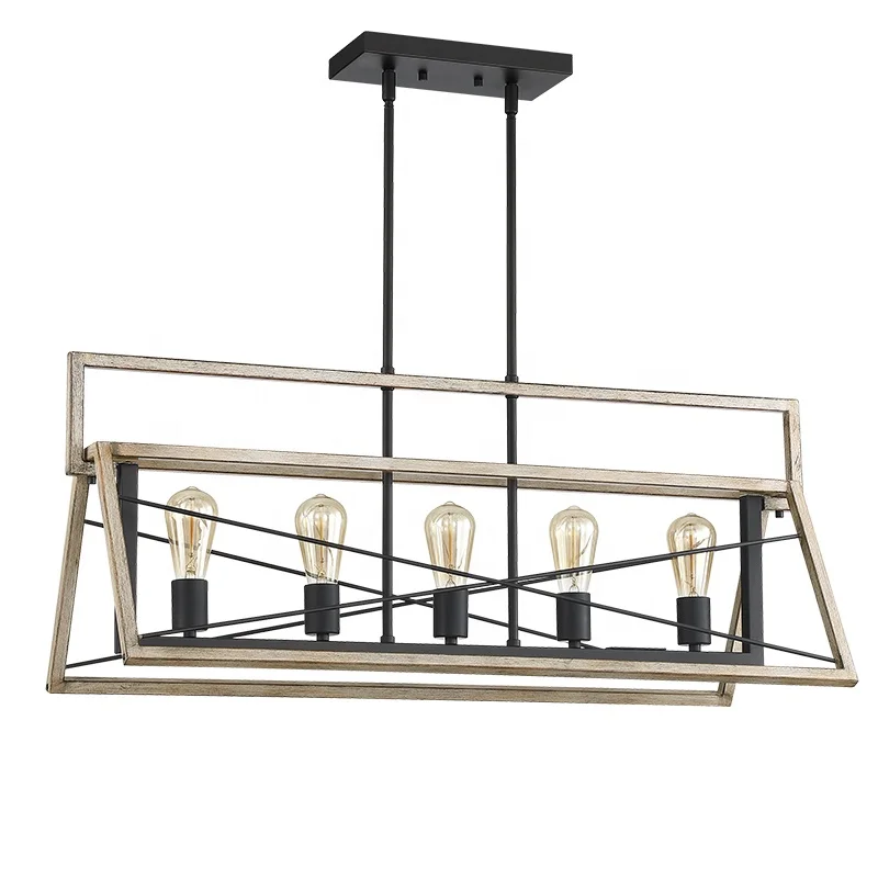 5 Light Farmhouse Linear Chandelier Industrial Pendant Light Modern Chandelier Black and wood finish Kitchen Lighting Fixture