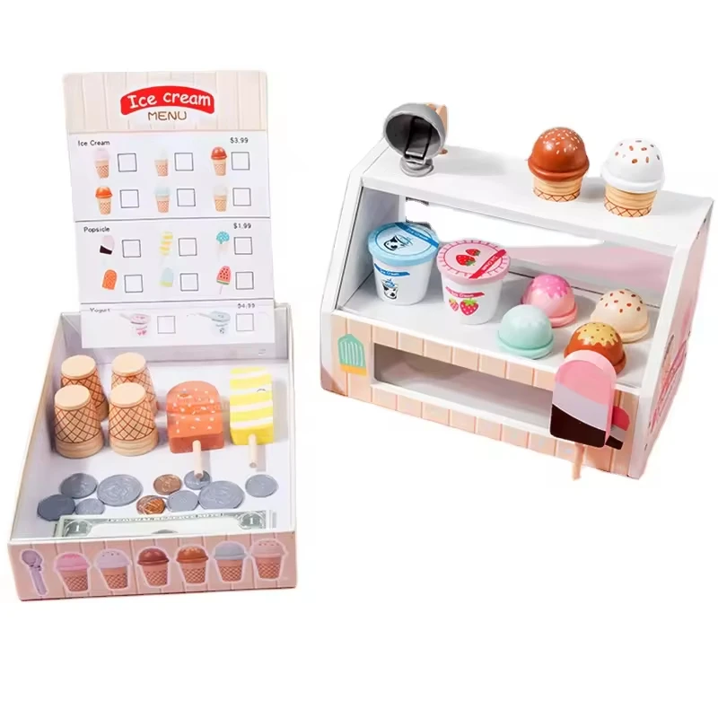 Children Ice Cream Counter Play Set Simulation Dessert Sorbet Pretend Play Food Wooden Ice Cream Shop Toys