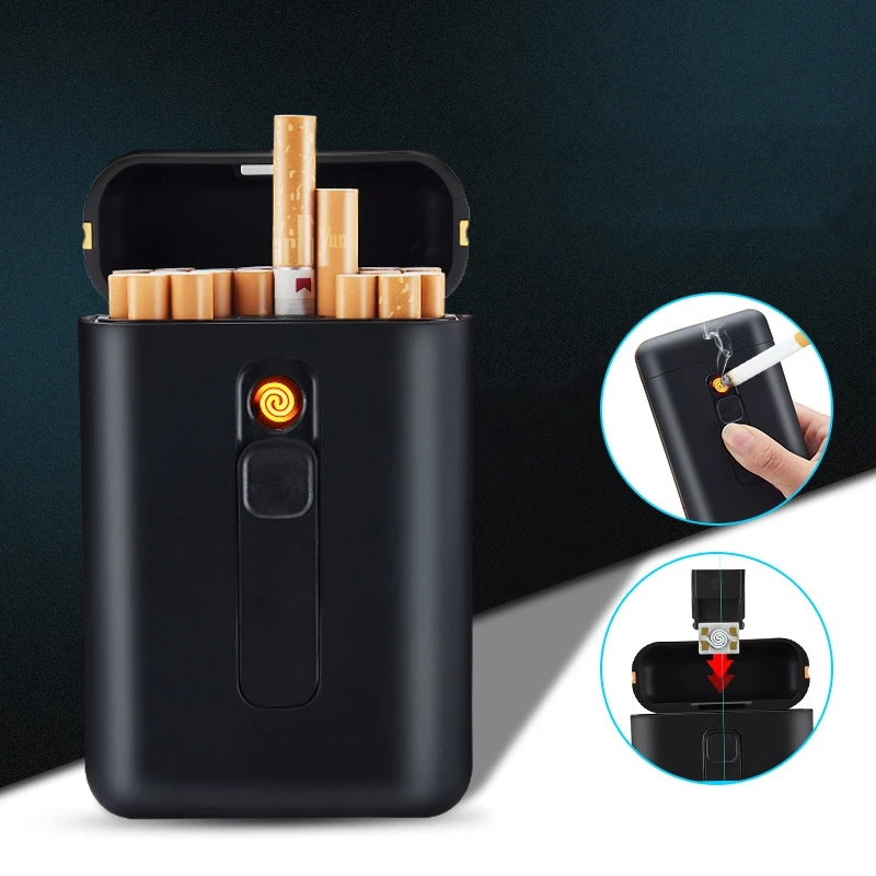 smoke shop flameless auto black cigarette box with lighter electric manufacturer tobacco funny cigarette box case for smoking