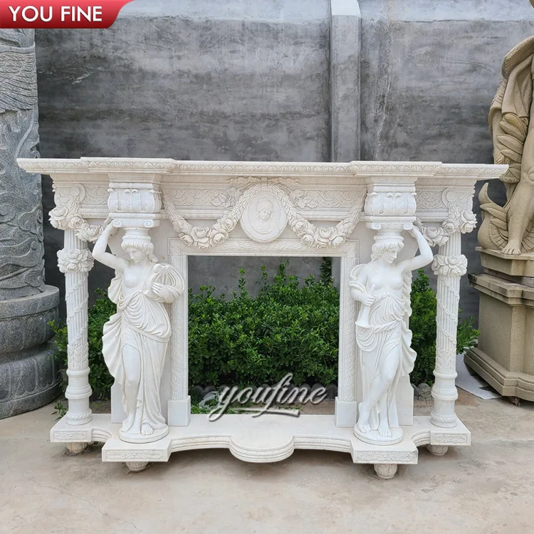 
Hand Carved Marble Lady Statues Fireplace Surround 