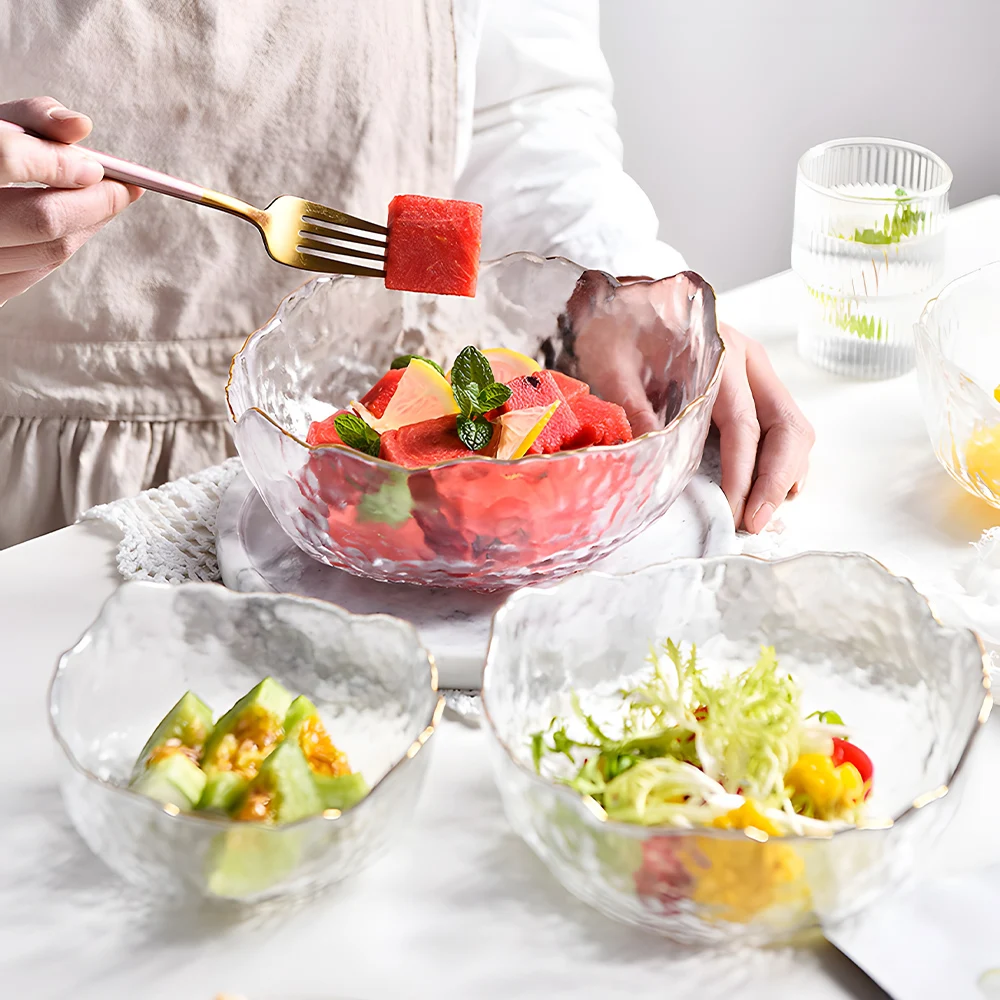 High Quality Custom Multifunction Buffet Wall Irregular Three Piece Set New Style Fruit Transparent Crystal Glass Salad Bowl