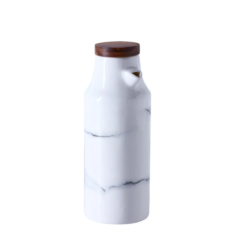 High Quality Food Grade Porcelain White Marble Olive Oil Bottle Kitchen Vinegar Cruet Set With Wood Lid
