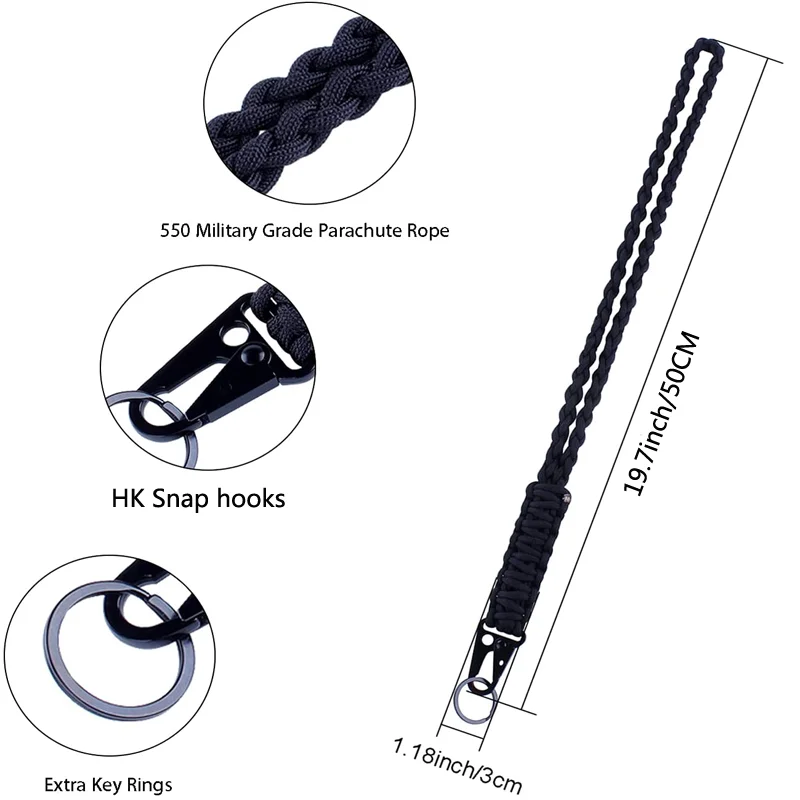550 paracord  Key Chain Lanyard With Black HK clips snap hooks for camera lanyard