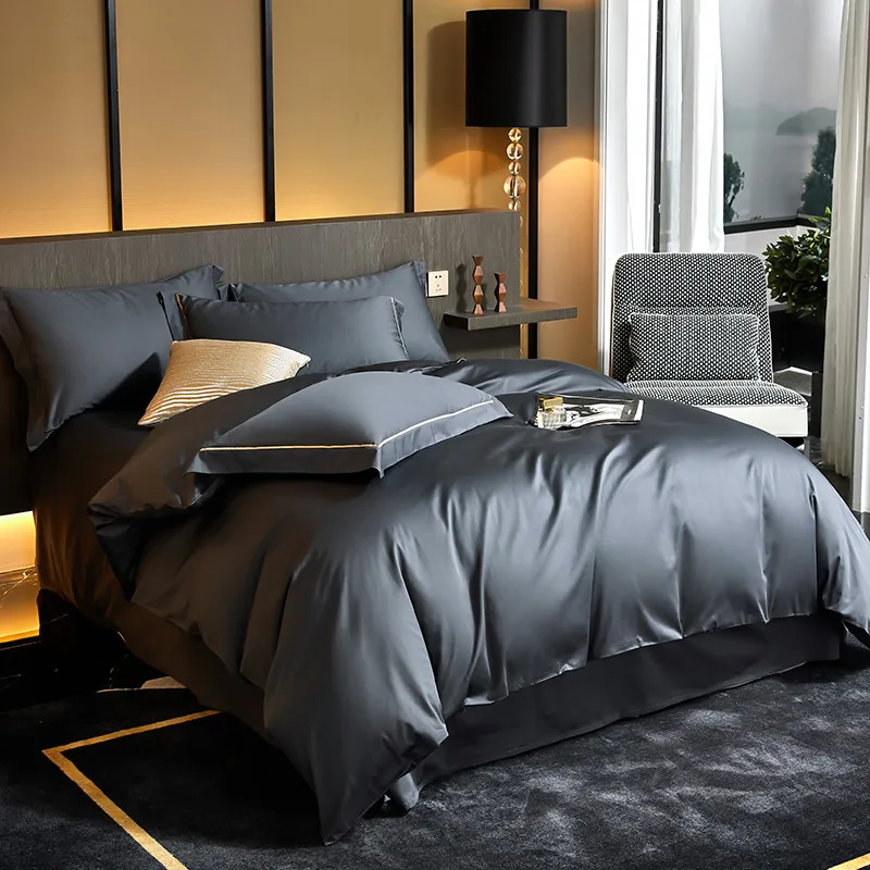 Hot luxury embroidery gray bedding sets tencel bedsheets silk bedding set duvet cover set