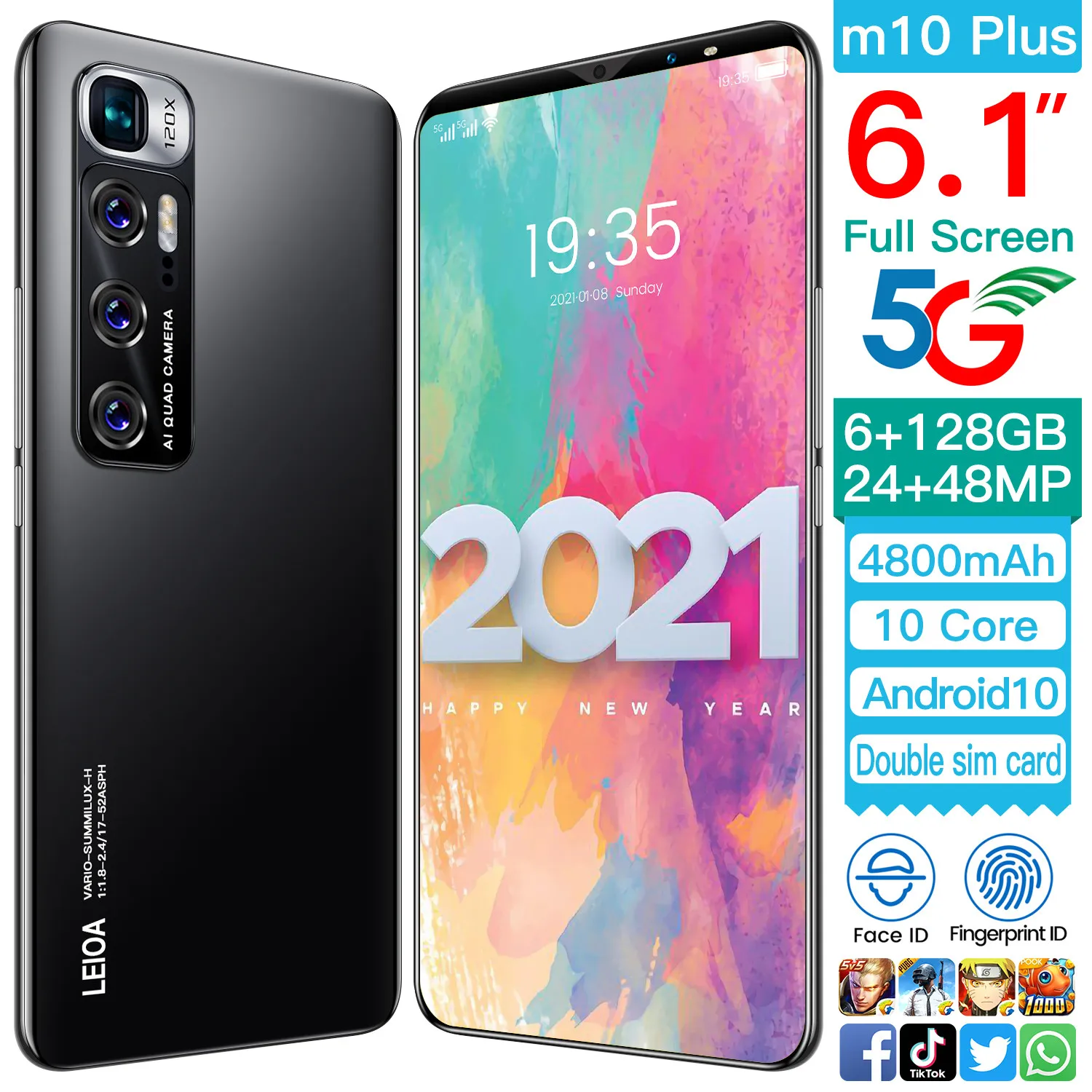 Global version m10 plus mobile phones 6+128GB large memory 6.1inch full screen smartphones face/fingerprint unlock phones