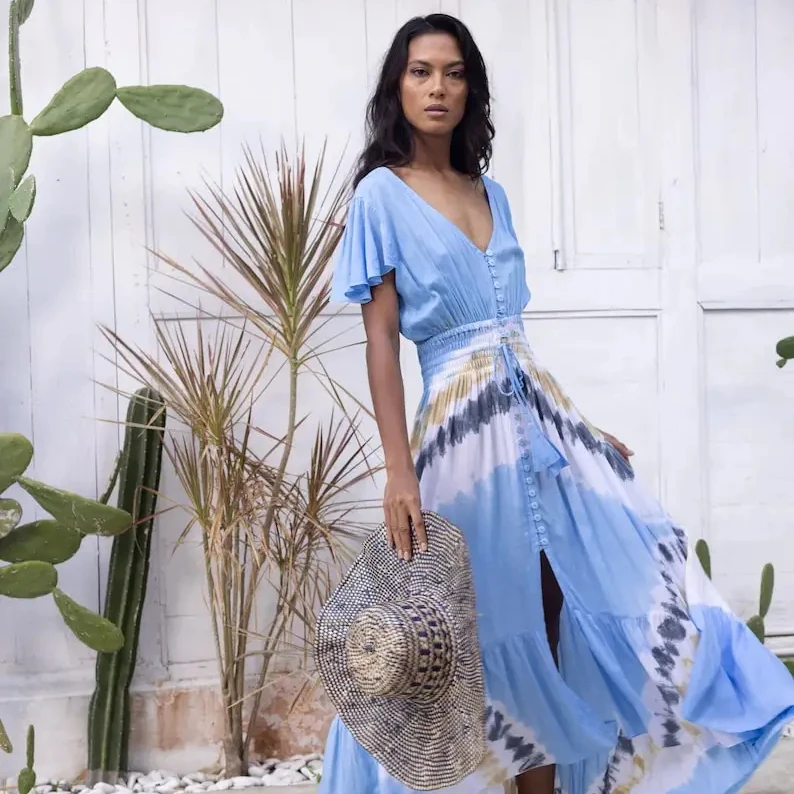 Bohemian beach wear silk dress V-neck summer Indian silk saree for ladies fashion maxi long dress for woman