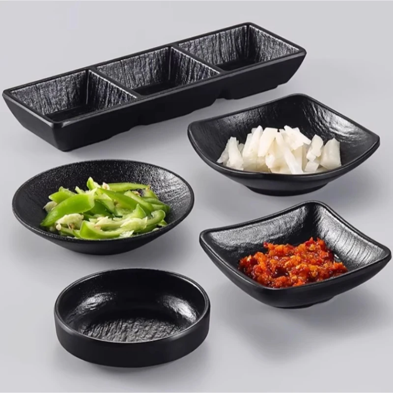 best selling high quality black matte small dishes melamine 2/3/4/5 compartment seasoning plate BBQ sauce tray dish