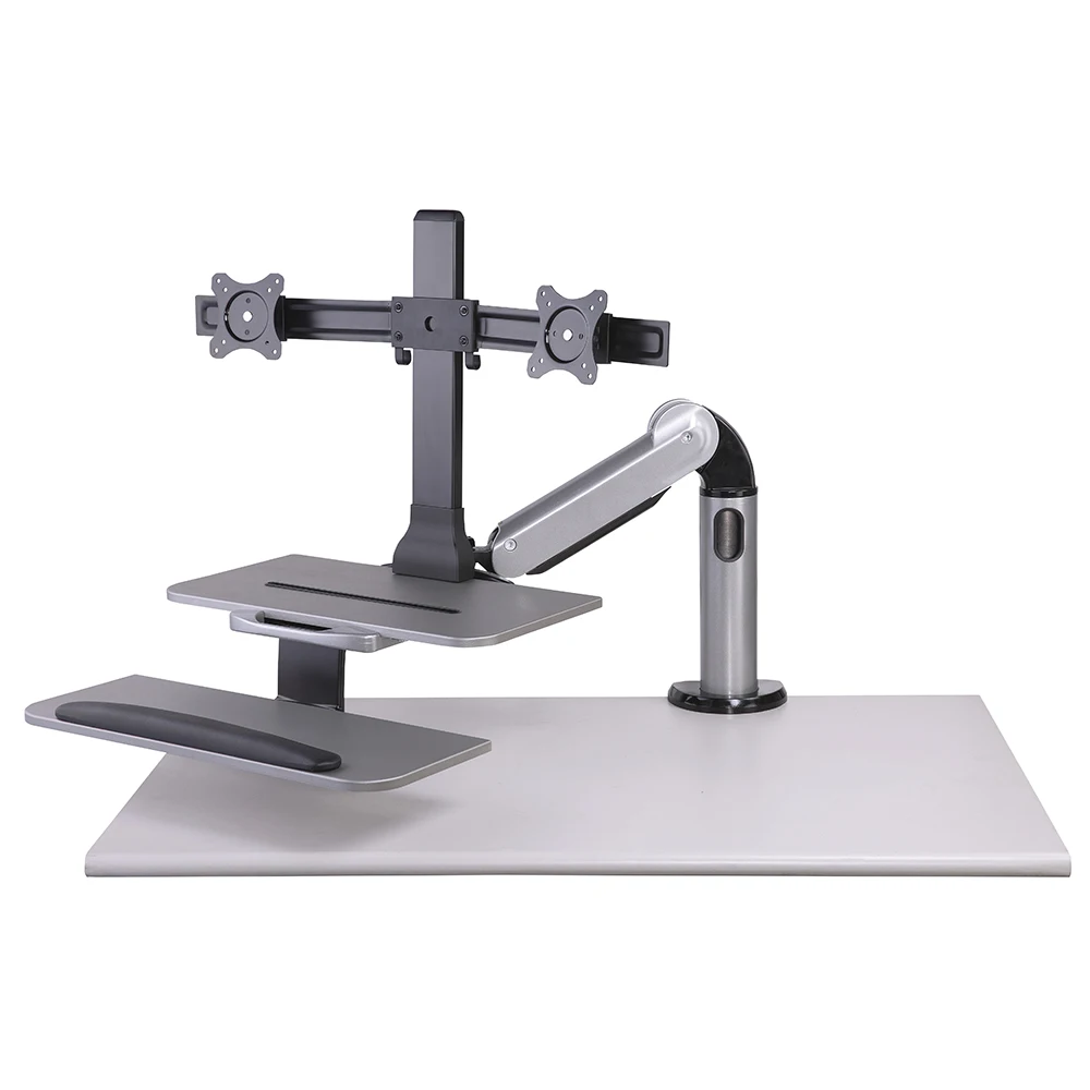 Dual Monitor Workstation, Desk Mount with Keyboard Tray and Mobile Phone Tablet holder