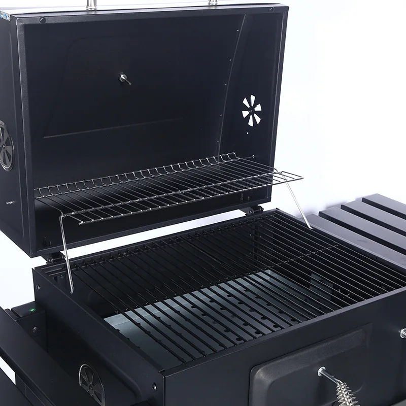 Big Barbecue Black Outdoor Meat Smoker Square Large Charcoal Trolley BBQ Grill with Side Table