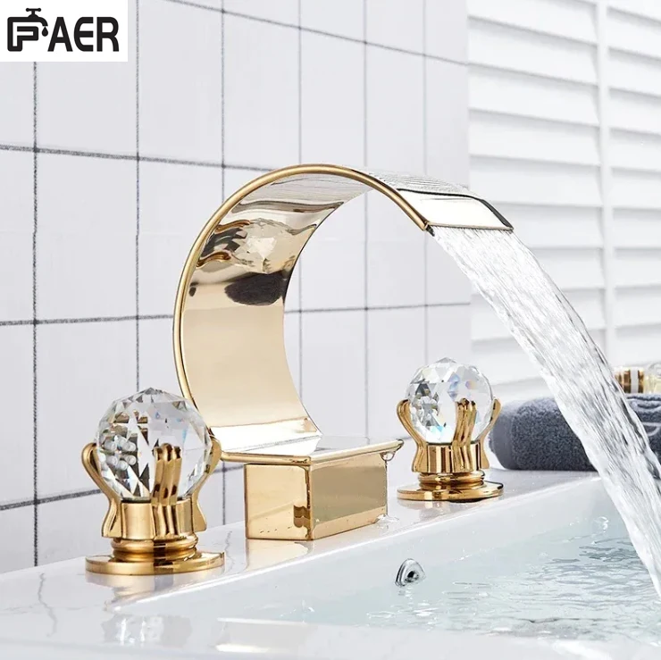 Luxury Waterfall Dual Crystal Handle Gold Brass Deck Mounted Hot Cold Water Mixer Tap Bathtub Faucet