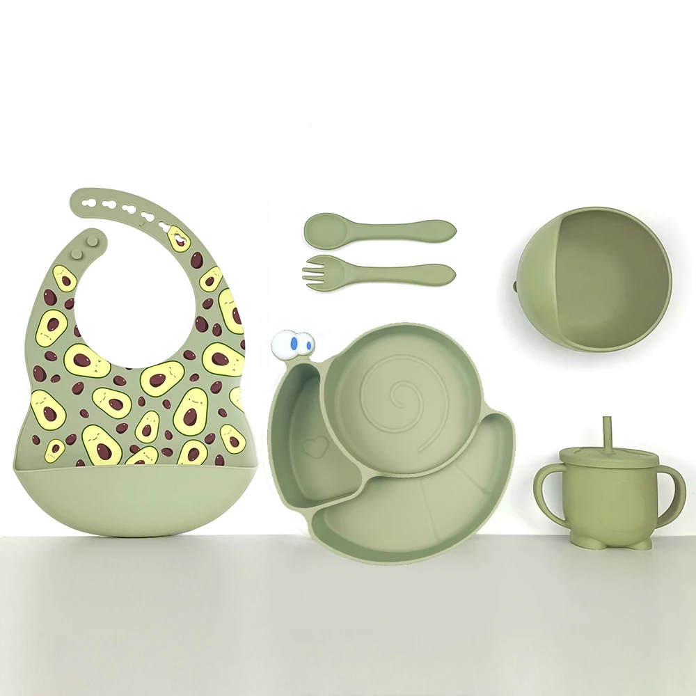 Silicone Feeding Set With Pattern Baby Bibs Snail Plate And Straw Cup For Baby Dining Tableware Set Waterproof Babero