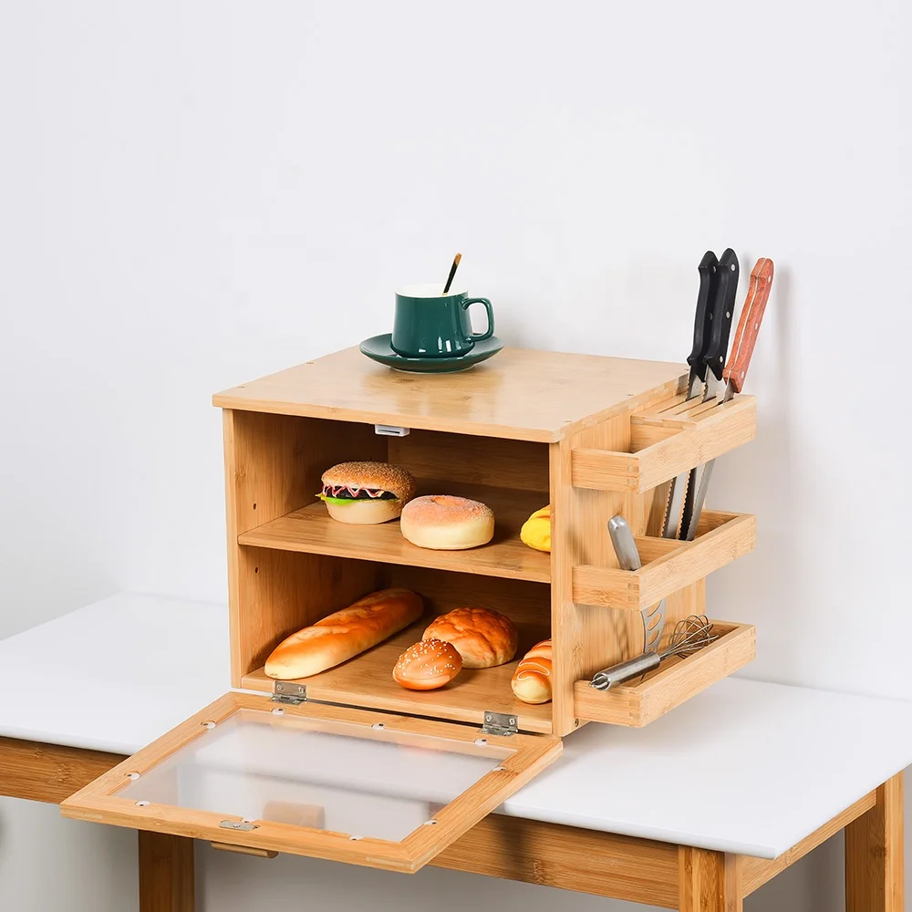 Double Layer Bamboo Bread Box Bread Storage Container Large Bread Box with Knife Storage Rack