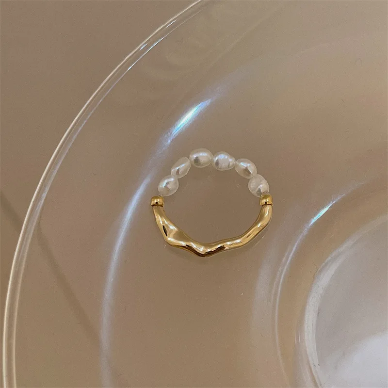 Fashion 18K Gold Geometric Jewelry Adjustable Elastic Rope Pearl Ring  For Women