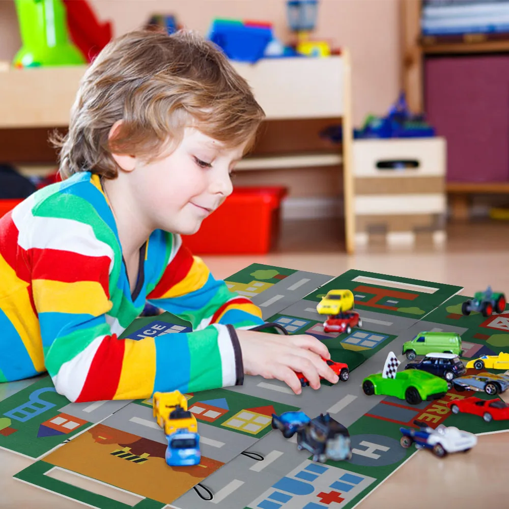 Felt car play mat game activity baby mat toys quiet time kids track road map felt play story board