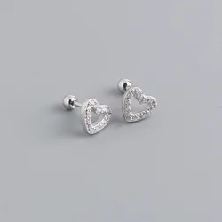 Cute Heart Love Stud Screw Earrings Gold Pated 925 Sterling Silver Hollow Out Zircon Heart Stud Earrings