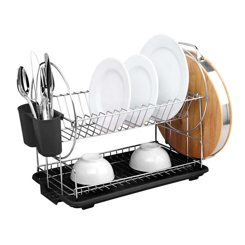 Stainless Steel Dish Drainer Plate Rack 2 Tier Dish Drying Rack with Removable Cutlery Cutting Board Holder for Non-folding Rack