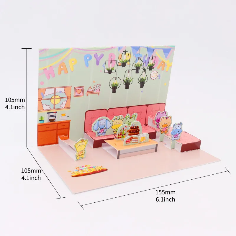 Custom Handmade Unique Music LED Decorating Kids 3D Pop Up Happy Birthday Greeting Cards With Envelopes