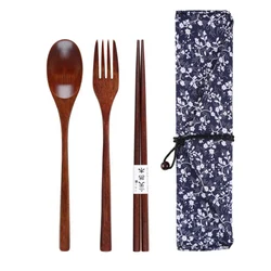 Лидер продаж amazon 2019, оптовая продажа, набор деревянных палочек, ложек, вилок, набор дорожных деревянных столовых приборов в японском стиле с сумкой из лески