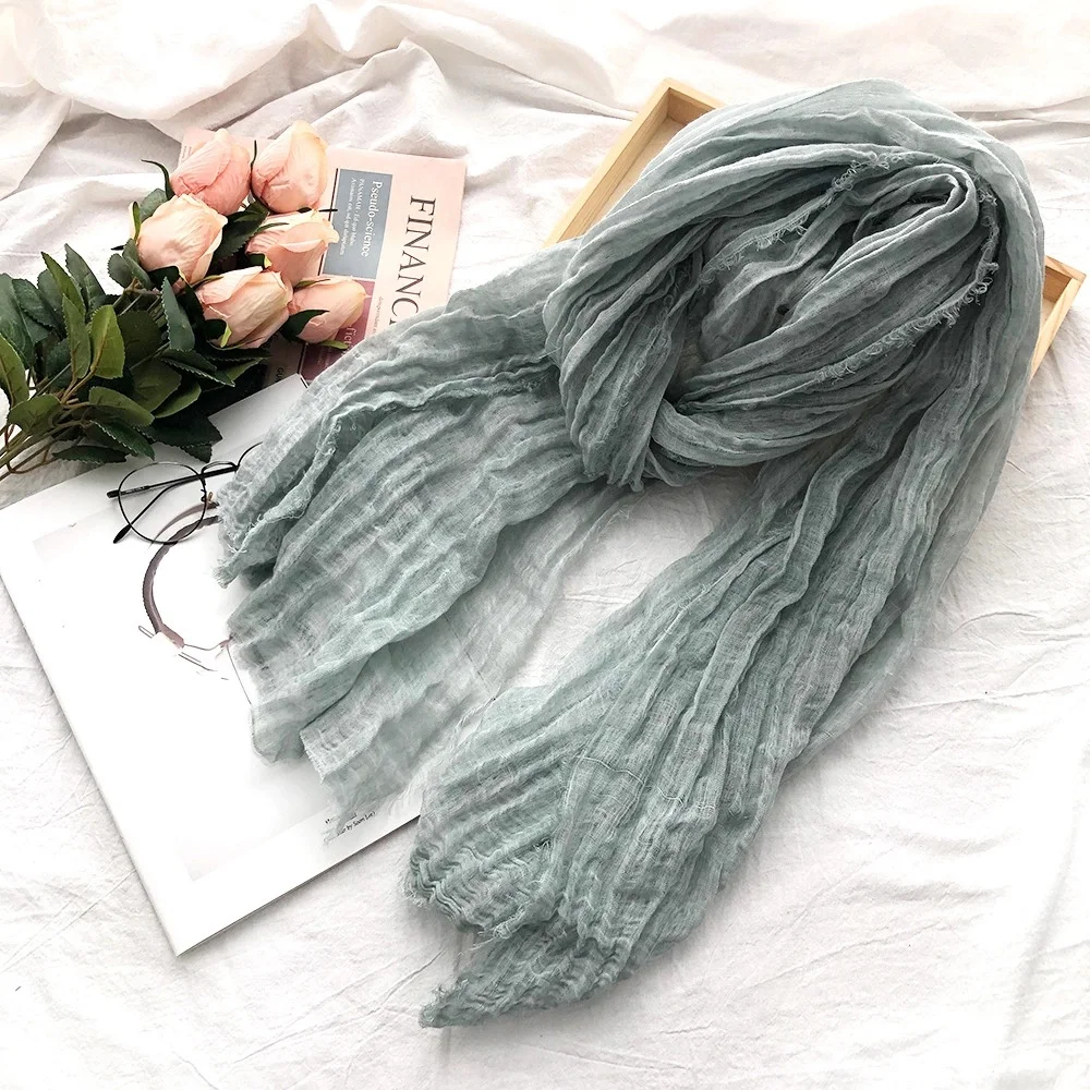 2024 летний весенний хлопковый и льняной однотонный шарф для мужчин натуральный плиссированный льняной шарф шаль для женщин