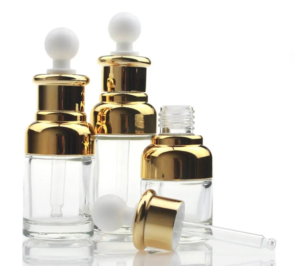 Empty Refillable Upscale Clear Glass Bottle Essential Oil Elite Fluid Pot Container Vial with Glass Pipette Eye Dropper - Gold