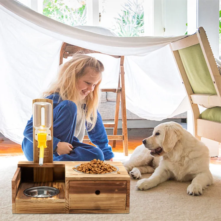 Elevated Dog Bowl Multifunction Wood Elevated Pet Bowl Cat And Dog Food And Water Stand Pet Feeder Bowl Water Bottle