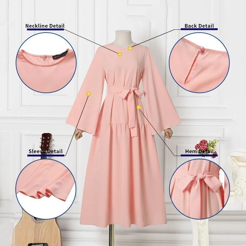 Custom Fashion Modesty O Shape Dubai Style Muslim Clothes Eid Ramadan Prayer Solid Color Abaya Ladies Dress