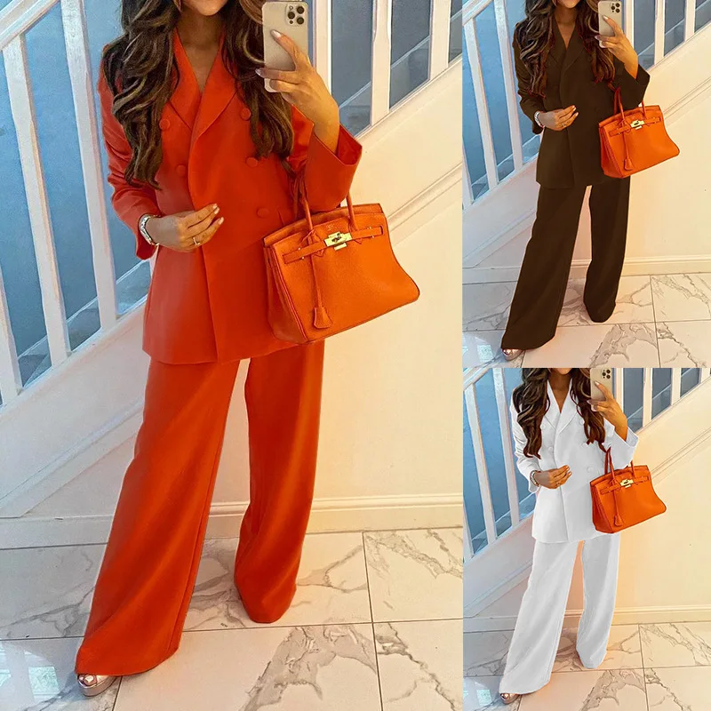 2022 Autumn Hot Sale Outfit Fashion Solid Color Blazer with wide Leg Pants Two Pieces Sets Long Sleeved Ol Women Suits
