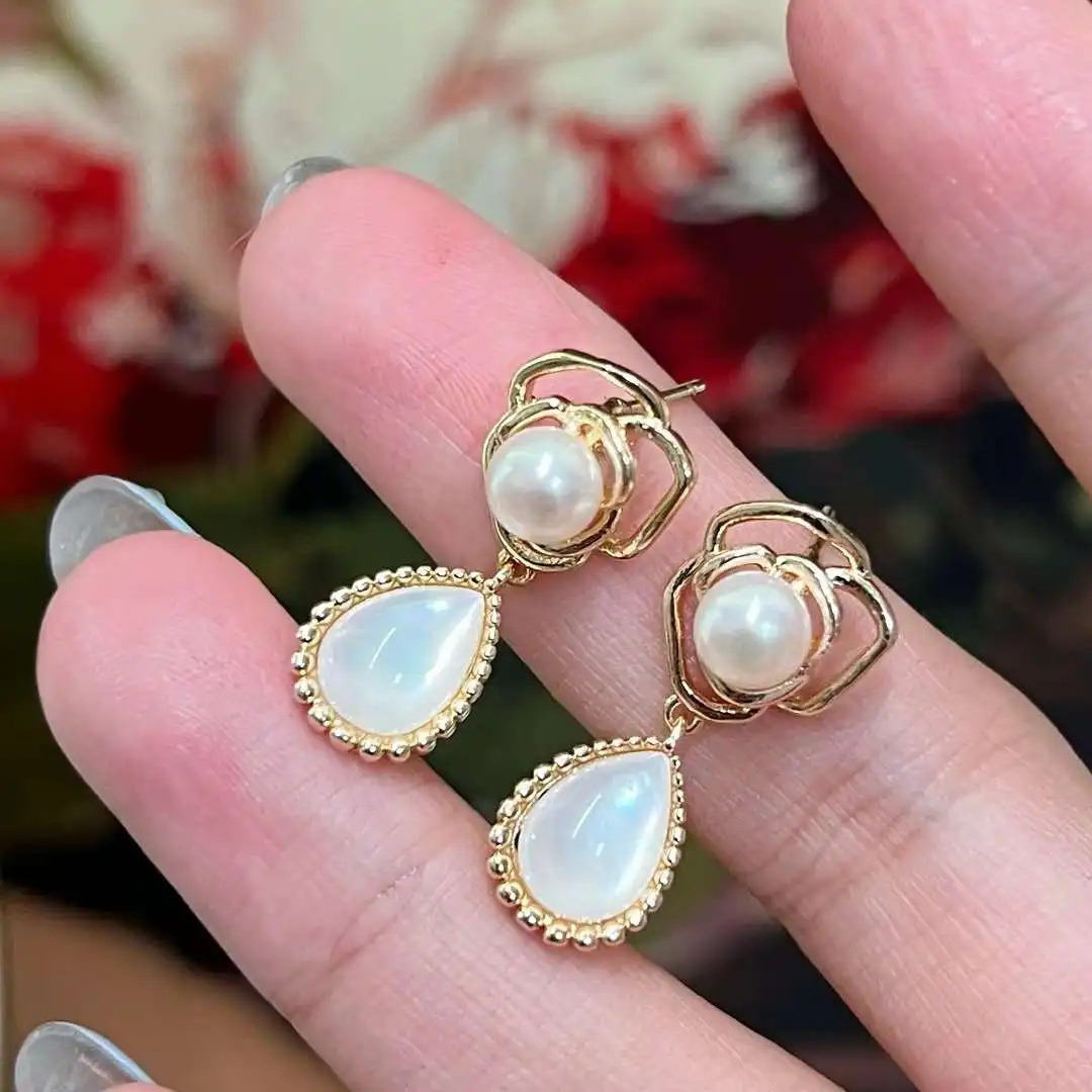 New Camellia Flower Water Ear Drops 6-7MM Natural High Quality Freshwater Pearl Chinese Classical Pendant Earrings