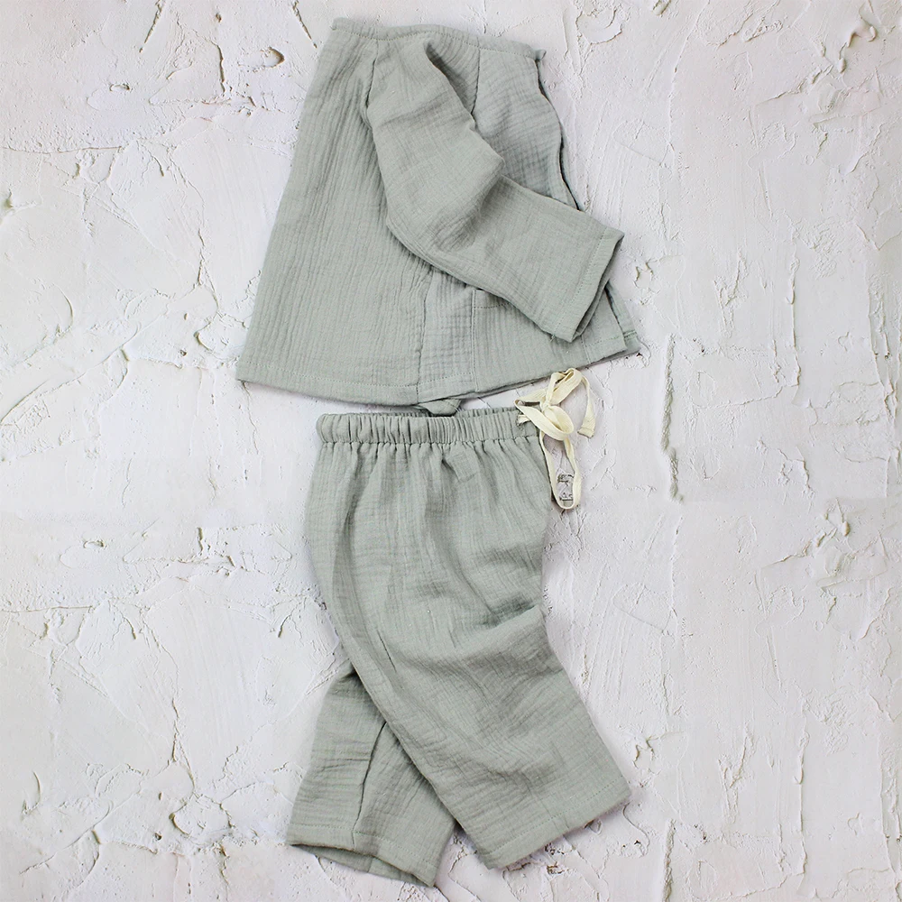 Spring kids clothes boutique button suits cotton muslin two piece outfits