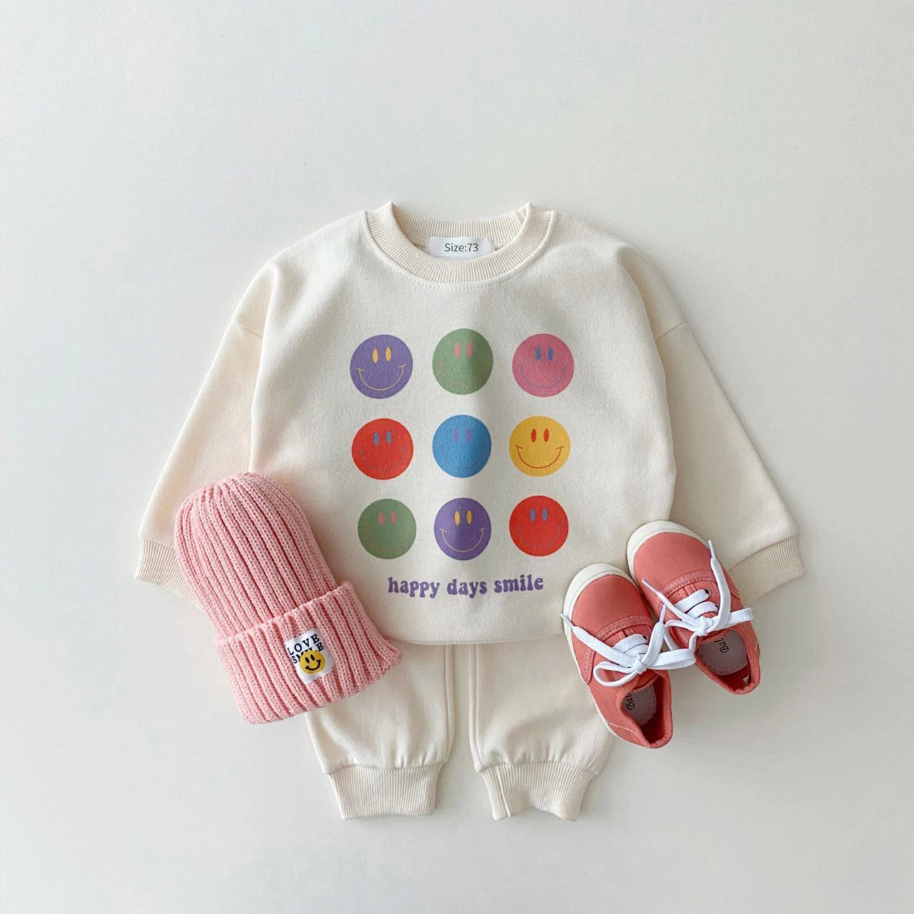 Korea Autumn Kids Clothing Set Baby Girls Cartoon Smile Sweatshirt Tops Jogger Casual Baby Outfits