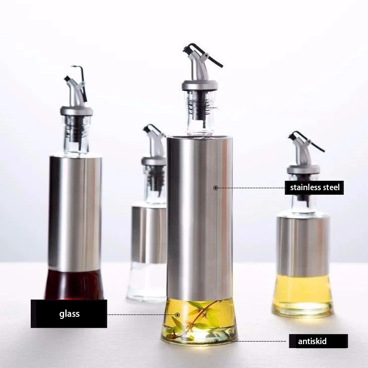 Home Kitchen Stainless Steel Oil Can Leakproof Seasoning Lecythus Vinegar Soy Sauce Glass Condiment Bottle Set