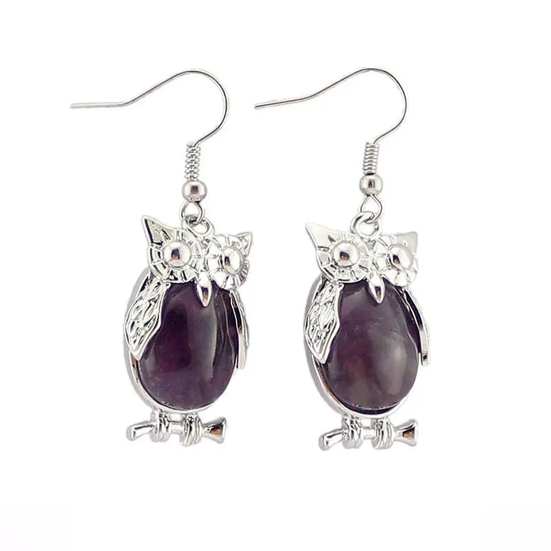 Natural Stone Crystal Owl Shape Lovely Earrings Hook Type Fashion Originality Gemstone Earrings Women
